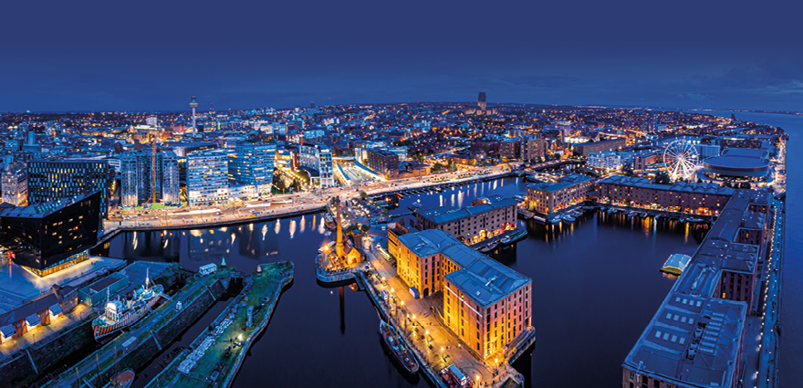 Drone panoramic image of the Albert Docks, Liverpool city centre taken a night